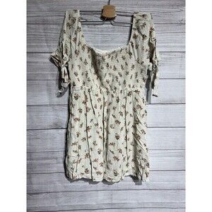 American Eagle Tie Sleeve Smocked Mini Dress Women's MEDIUM Cream Ditsy Floral